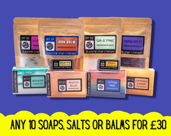 MIX & MATCH 10 for 30 Pounds Special Offer across our lip balms, epsom bath salts and handmade soap slices. Handmade in Glasgow Scotland