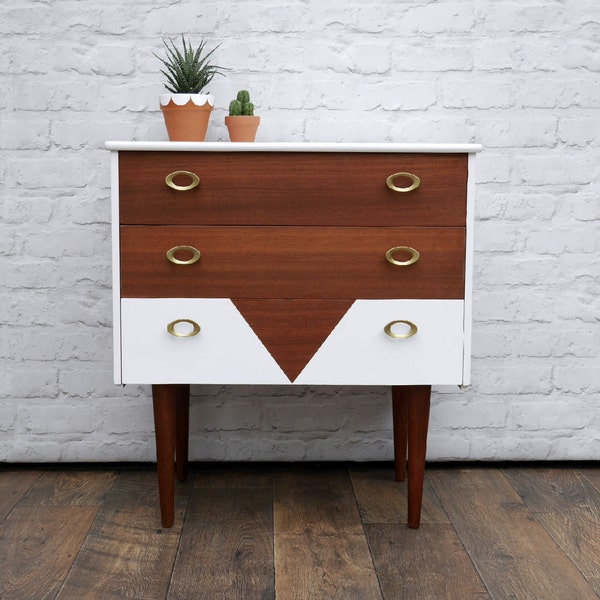 Teak Veneer Drawers Storage, Upcycled & Painted White with Triangle Design, Mid Century Style
