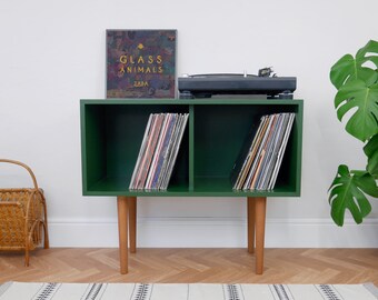 Vinyl Record Storage, LP Storage, Turntable Stand, Open Storage, Display Cupboard, Painted Furniture, Mid Century, Dark Green