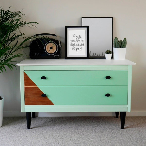 Upcycled Sideboard, Chest of Drawers, Painted Mint Green & White, Mid Century Modern