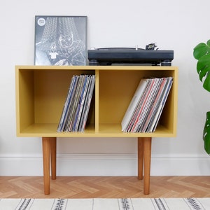 Record Cupboard, Open Storage, Painted, Vinyl Storage, Turn Table Stand, Record Player Stand, Mid Century Furniture, Mustard Yellow image 1