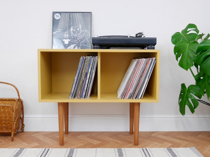 Record Cupboard, Open Storage, Painted, Vinyl Storage, Turn Table Stand, Record Player Stand, Mid Century Furniture, Mustard Yellow image 1