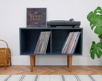 Record Cupboard, Open Storage, Painted, Vinyl Storage, Turn Table Stand, Record Player Stand, Mid Century Furniture, Dark Navy Blue