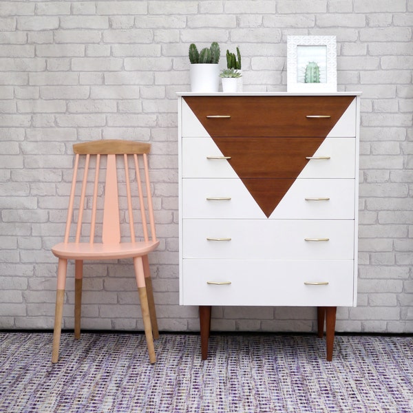 Mid Century Modern Upcycled Teak Chest of Drawers Painted in White with Triangle Design