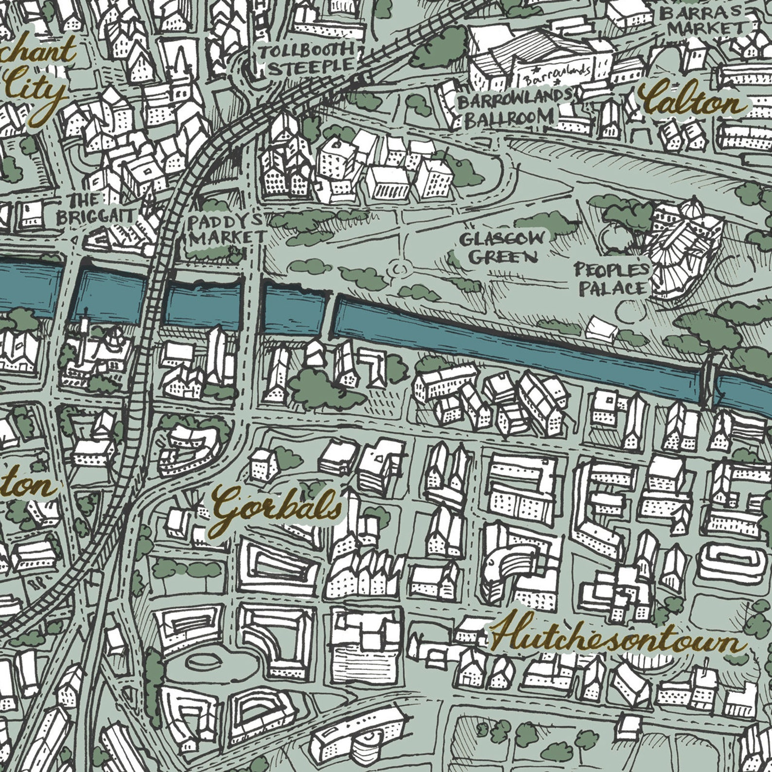 Glasgow Map Central Glasgow River Clyde Illustration Drawing Print
