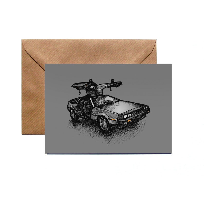 Greetings Card Delorean Back to the Future Grey Illustration image 1