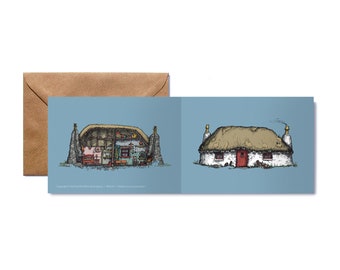 Greetings Card | Fold Out  |  Scottish Thatch  |  Thatched Cottage  |  Cross Section  |  Blackhouse  |  Whitehouse  |  Illustration