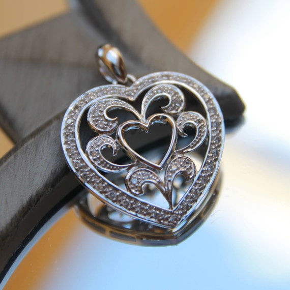 Vintage 14K White Gold Diamond Heart Pendant, Dia… - image 2