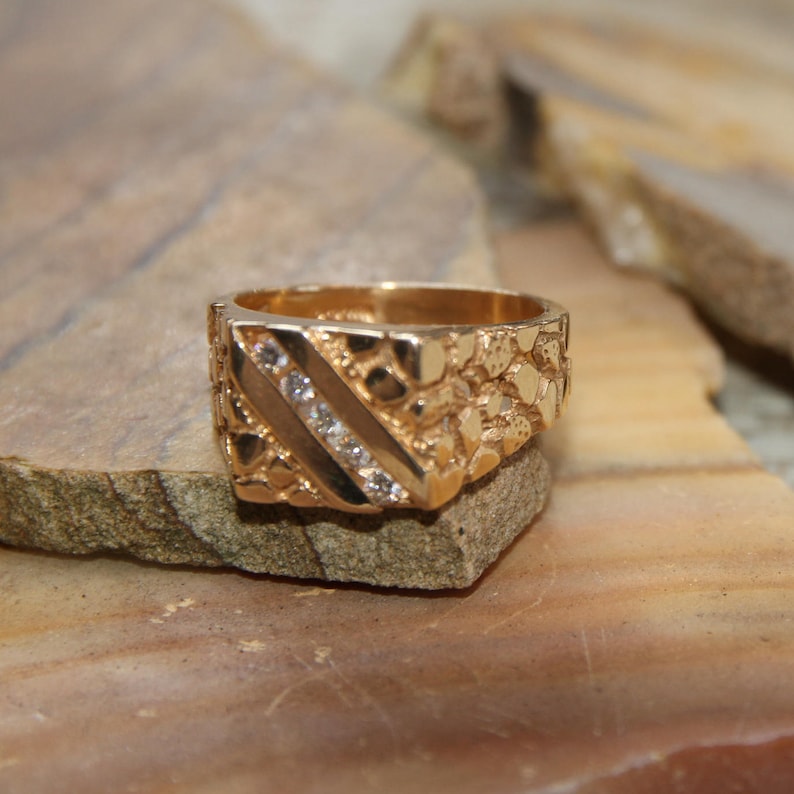 Vintage Men's Solid 14k Yellow Gold Diamond Nugget Ring, Diamond Nugget ...