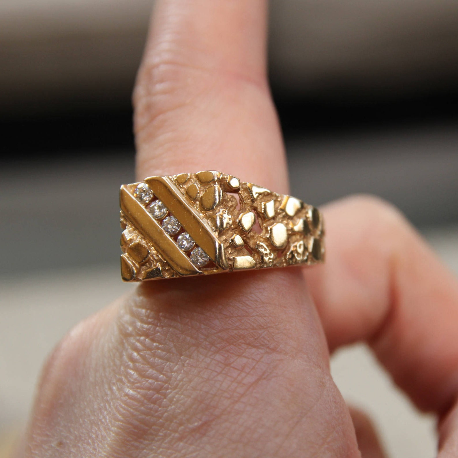 Vintage Men's Solid 14k Yellow Gold Diamond Nugget Ring, Diamond Nugget