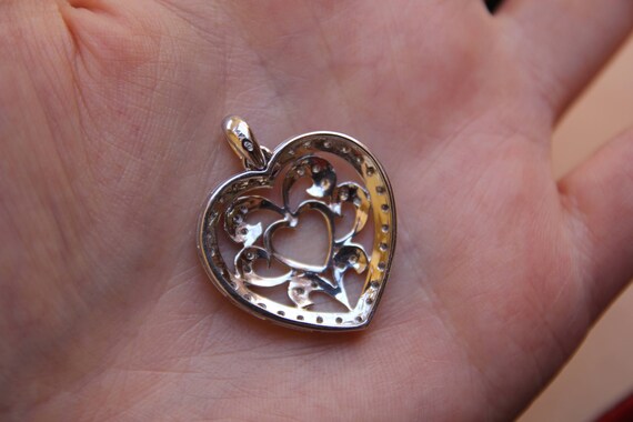Vintage 14K White Gold Diamond Heart Pendant, Dia… - image 5