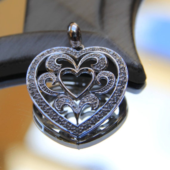 Vintage 14K White Gold Diamond Heart Pendant, Dia… - image 1