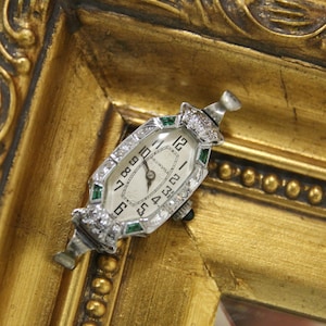 Vintage Art Deco 18K Diamond & Emerald Watch Case, Art Deco Watch, Women&#39;s Wrist Watch, Diamond Wrist Watch, Vintage Watches, Art Deco Watch