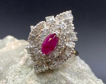 Vintage 14K Ruby and Diamond Cluster Cocktail Ring | Estate 14K Gold Natural Ruby Ring | Vintage Diamond Halo Ring | July Birthstone Jewelry