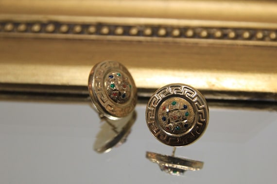 Vintage 14K Greek Key Button Earrings, Greek Keyho