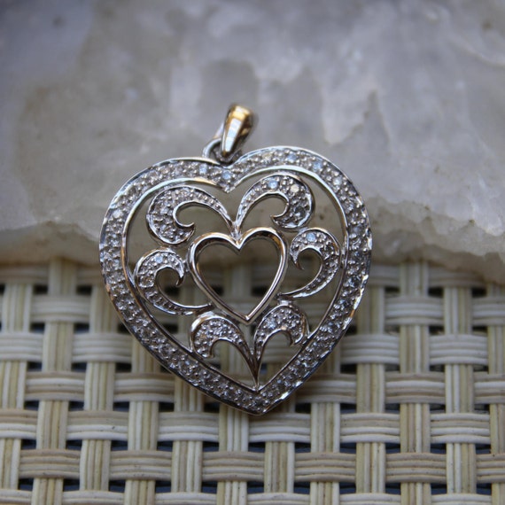 Vintage 14K White Gold Diamond Heart Pendant, Dia… - image 8