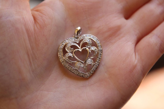 Vintage 14K White Gold Diamond Heart Pendant, Dia… - image 4