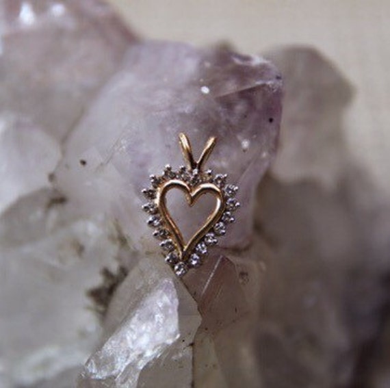 Vintage 10K Gold Diamond Open Heart Pendant, Diamo