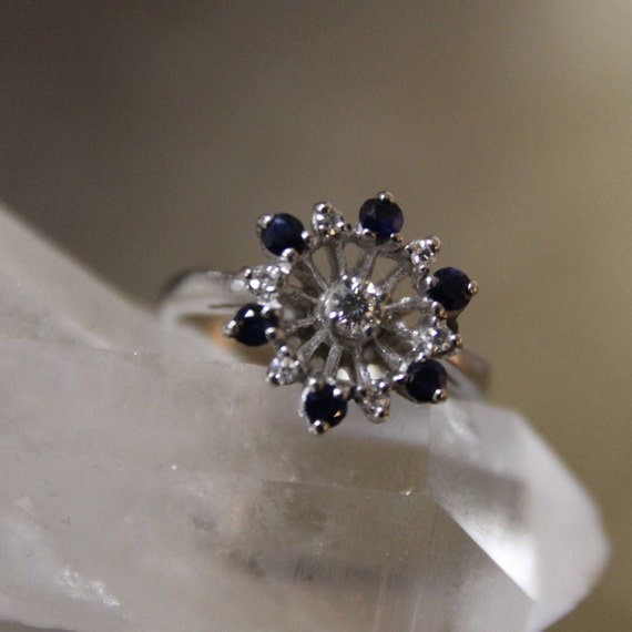 Vintage 14K Sapphire Diamond Starburst Ring, Whit… - image 2