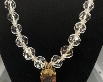 Vintage Crystal Bead Necklace with 14Kt Gold Citrine Charm