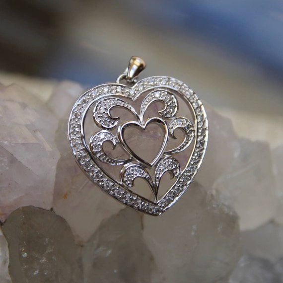 Vintage 14K White Gold Diamond Heart Pendant, Dia… - image 6