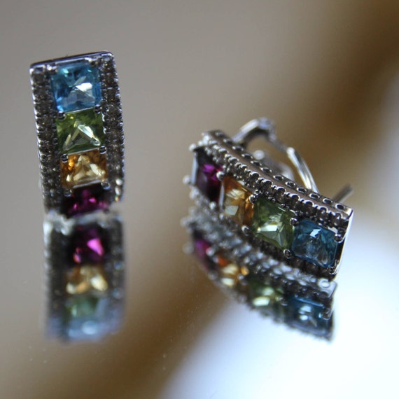 14K Gemstone Earrings, Multi-Gemstone Diamond Earr