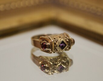 Vintage 14K Gold Garnet Amethyst Ring, Etruscan Revival Ring, Multi Gemstone Ring, Statement Gold Ring, January February Birthstone Ring