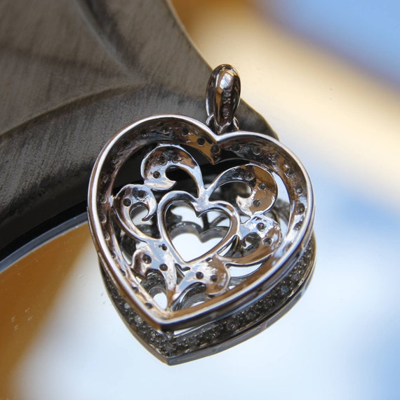 Vintage 14K White Gold Diamond Heart Pendant, Dia… - image 3