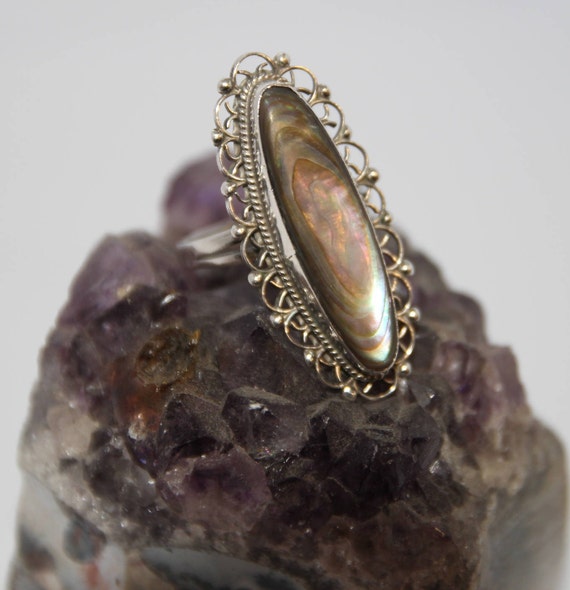Vintage Sterling Silver Abalone Ring, Silver Abalo