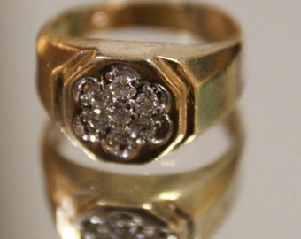 vintage Estate 14K Diamond Flower Signet Ring, Taille 5.25, Bagues en or Unisex, Anneaux Signet, Anneaux Unisex, Anneaux d'Or