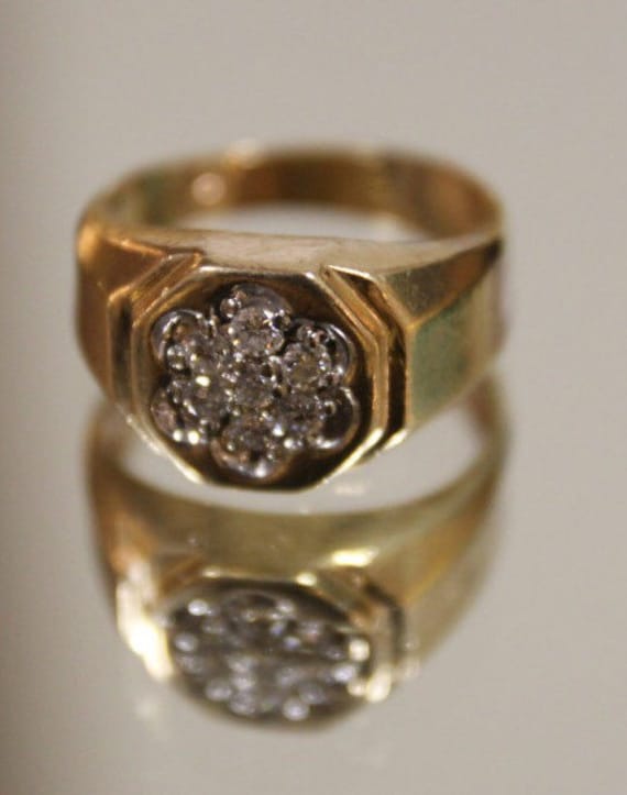 Vintage Estate 14K Diamond Flower Signet Ring, Si… - image 1