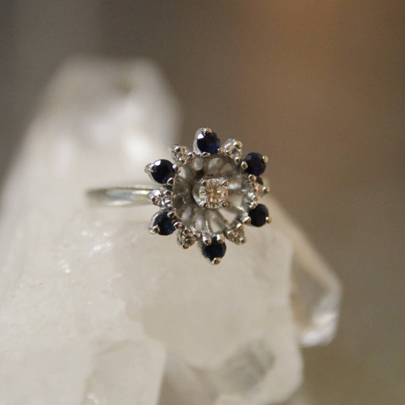 Vintage 14K Sapphire Diamond Starburst Ring, Whit… - image 1