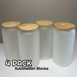 4 PACK Blank 16oz Sublimation Libby Frosted Glass Can | Beer Glass Can | Bamboo Lid and Straw | Glass Tumbler