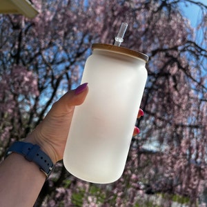 Blank 16oz Sublimation Libby Frosted Glass Can | Beer Glass Can | Bamboo Lid and Straw | Glass Tumbler