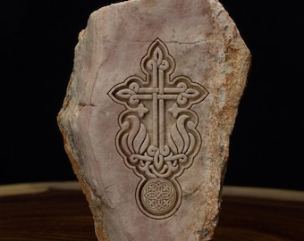 Armenian Khachkar Cross Engraved Jerusalem Stone, Apostolic Sun Cross Symbol of Eternity, Holy Land Baptism Keepsake Armenian Church Gift