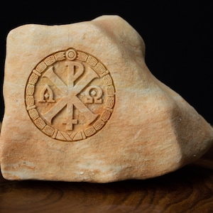 Early Christian Monogram Chi Rho Engraved Jerusalem Stone, Alpha Omega Cross Sacrament Christian Religious Symbol, Holy Land Baptism Gift