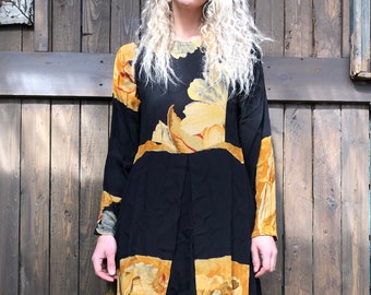 Floral Blouson Dress Size S || Black and Yellow Dress || Long Sleeve Dress || Black Floral Midi Dress