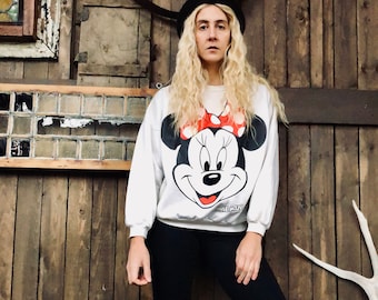 90s Minnie Mouse Pullover Sweatshirt || Authentic Disney Mickey & Friends || White Red Vintage Graphic || US Womens S / Kids XL
