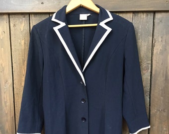 Vintage 1980s Navy Sailor Blazer White Trim | Retro Cleo Nautical Prep Jacket | Structured Sailor Collar Blazer with Shoulder Pads Size 4