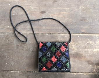 Vintage 90s Beaded Purse || Diamond || Crossbody || Multicolour || Snap Closure || Small Purse || Wallet Purse