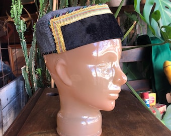 Vintage Handmade Kufi Hat || Black Velvet & Gold Accent Cap || Ceremonial / Statement Piece
