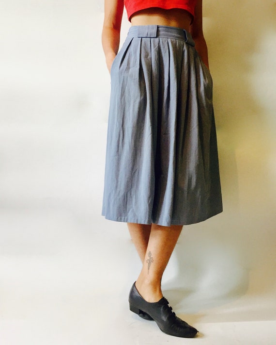 Powder Blue Cotton Midi Skirt || High Waist Pleat… - image 1