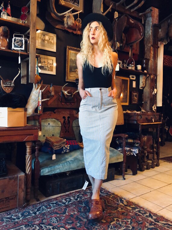 blue and white striped denim skirt