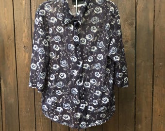 1990s Jean Works & Company Sheer Floral Button-Up – Dark Blue See-Through Vintage Top