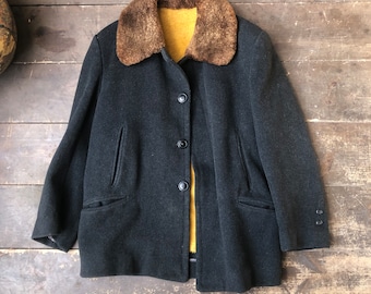 Men's Wool Short Peacoat with Beaver Fur Collar , 1950s Mens Wool Jacket