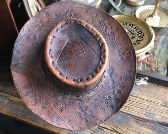 Vintage Tooled Leather Hat , Mexican , Genuine Leather Wide Brim Hat