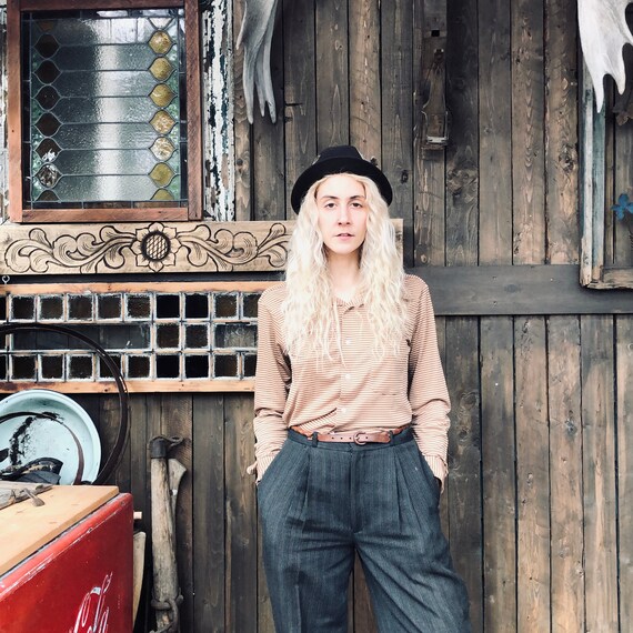 1970s Button Up || Beige Button Up || Striped Long