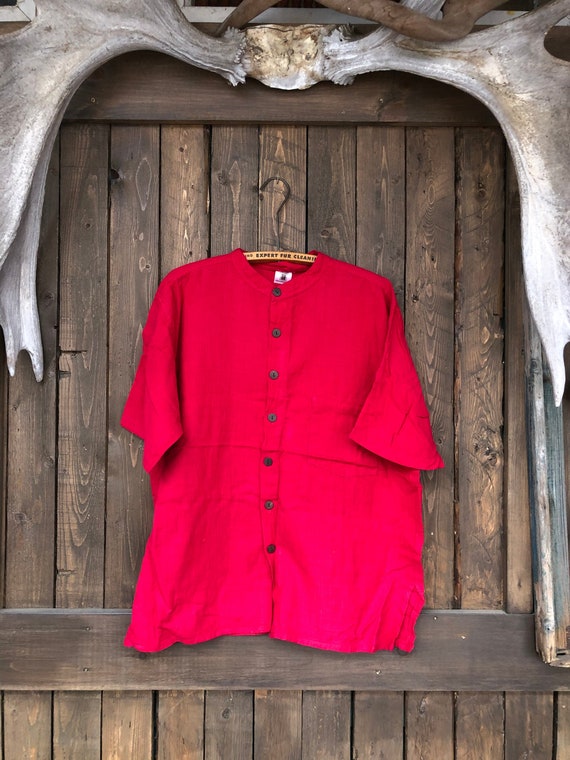 Hand Woven Cotton Shirt || Brilliant Red Short Sle