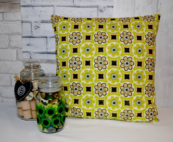 Green Floral Cushions, Retro Bold Print,  Bright Green envelope backed Cover, Interior Decor, Homes and Gardens, Upcycled Retro Pillow