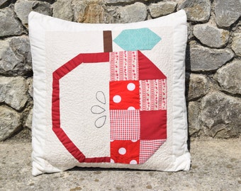 Patchwork Cushion, Apple for the Teacher Pillow, Red Apple, Free Machine Quilting